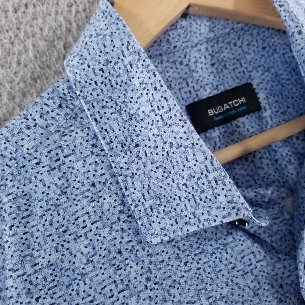 Bugatchi Shirt Mens Medium Blue Geometric OoohCotton Tech Stretch Button Down